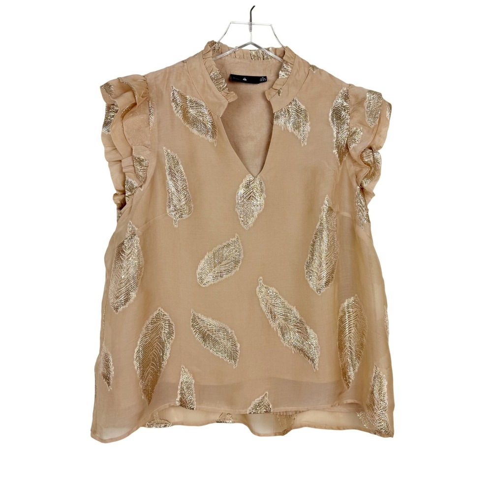 Emily Lovelock Beige Silk Blend Gold Leaf Blouse Medium